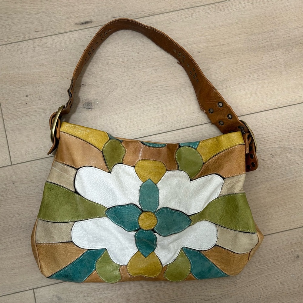 bebe Multi-Color Floral Patchwork Shoulder Bag in White, Teal & Olive